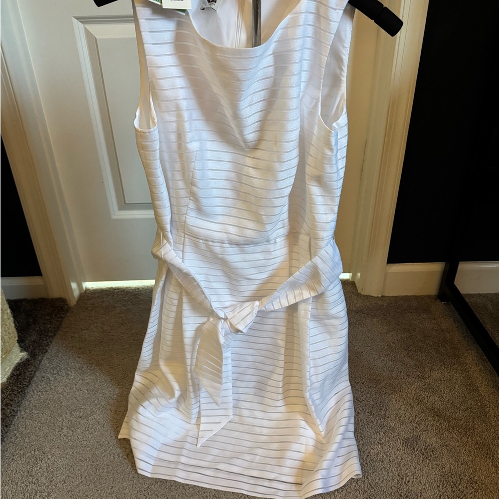 Anne Klein White Sleeveless Belted Midi Dress with Subtle Stripes